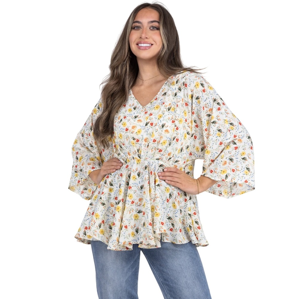 HAYDEN LOS ANGELES Floral‎ Print V Neck Kimono Sleeve Peplum Blouse Top M